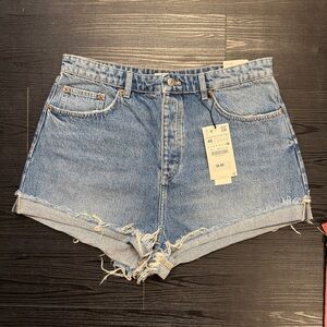 Zara High Rise Denim Shorts w/ Frayed Cuff - Medium Wash